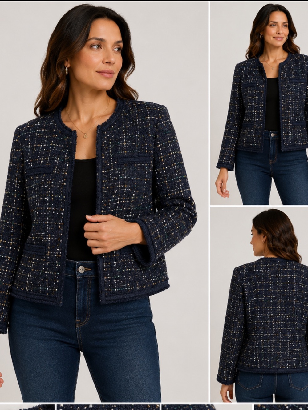 Tahari Navy Tweed Collarless Flecked Jacket size xL old money